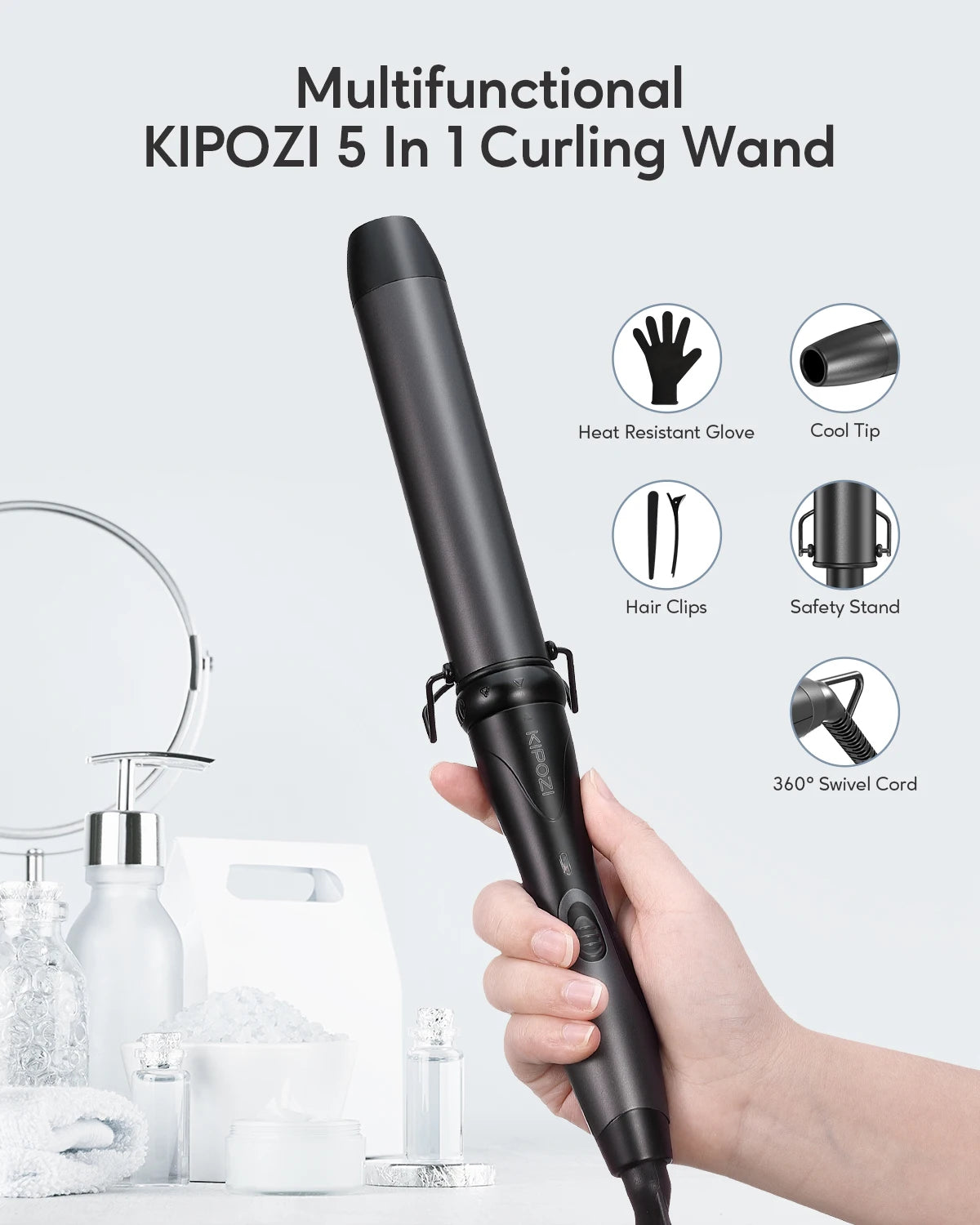 KIPOZI Electric Hair Curler 5 in 1 Replaceable Curling Wand Set Long Curling Tong Wand Ptc Professional Hair Curling Iron