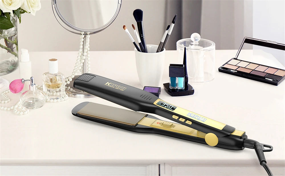 KIPOZI Professional Hair Straightener Titanium Flat Iron with Digital LCD Display Dual Voltage Instant Heating Curling Iron Gift