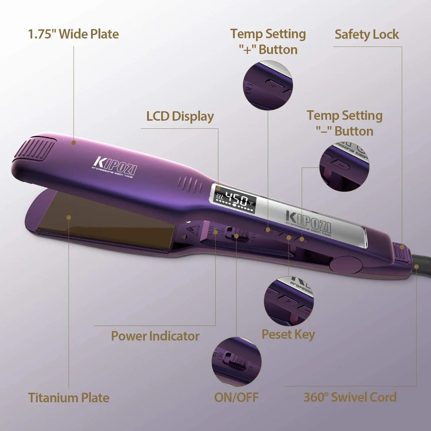 KIPOZI Professional Hair Straightener Titanium Flat Iron with Digital LCD Display Dual Voltage Instant Heating Curling Iron Gift