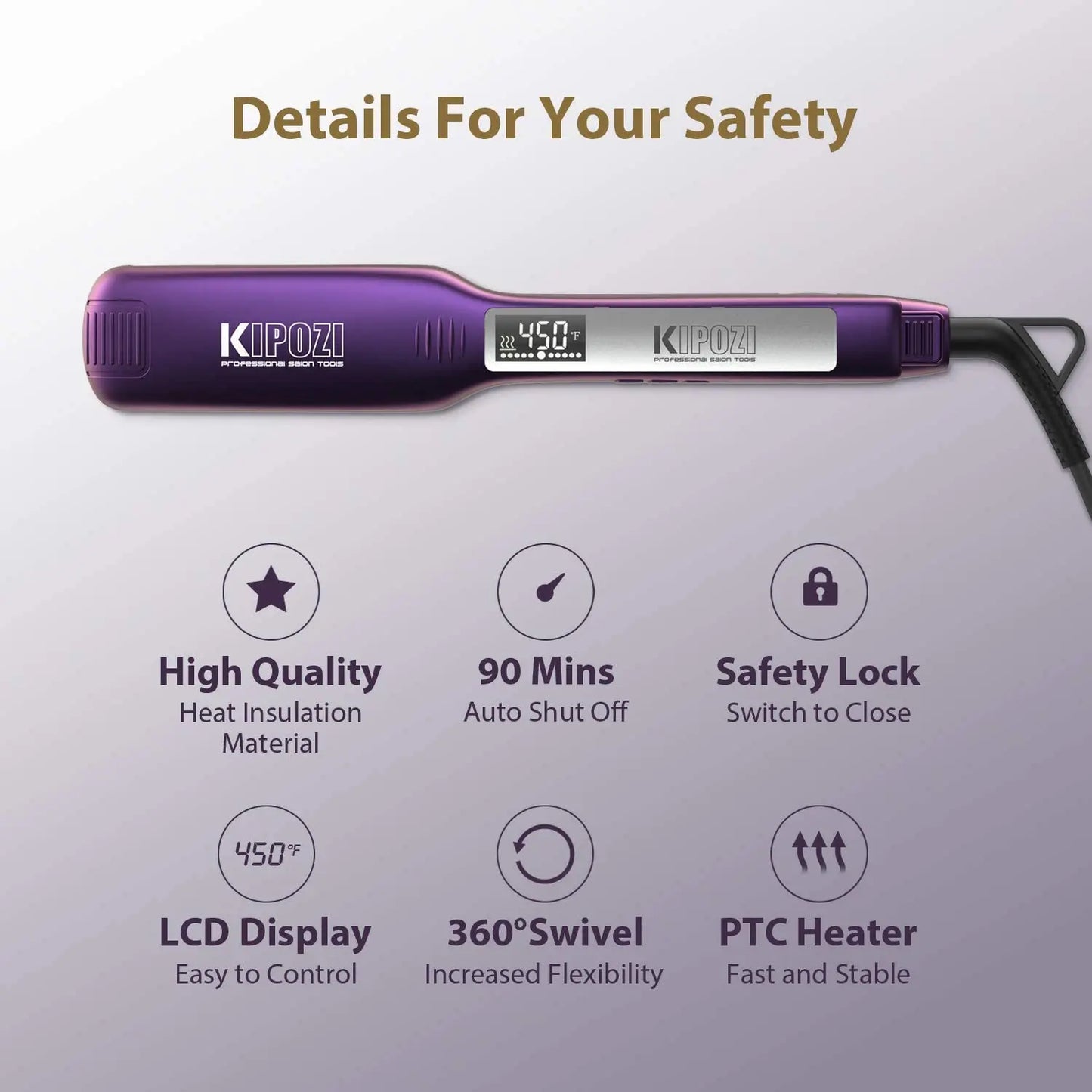 KIPOZI Professional Titanium Flat Iron Hair Straightener with Digital LCD Display Dual Voltage Instant Heating Curling Iron