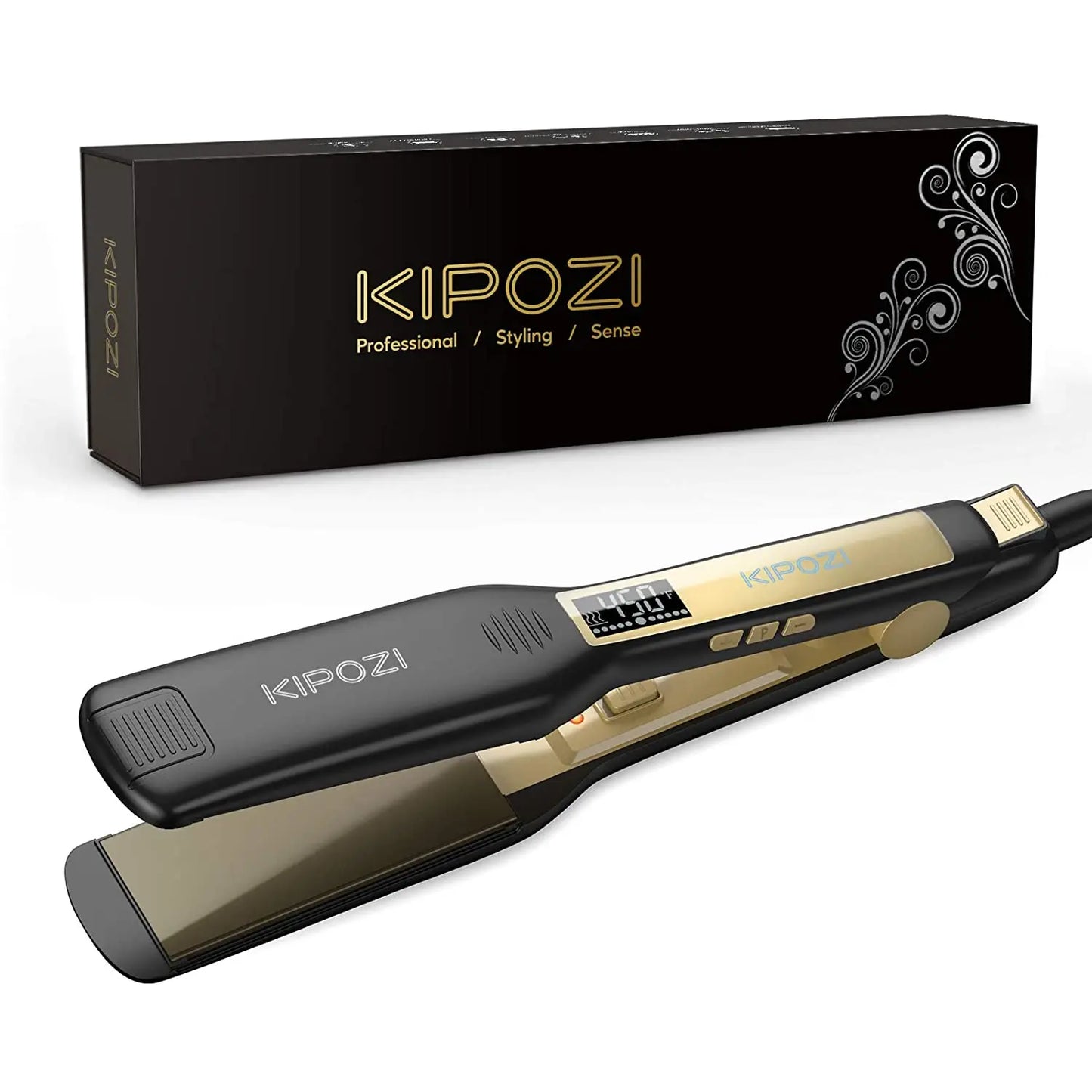 KIPOZI Professional Hair Straightener Titanium Flat Iron with Digital LCD Display Dual Voltage Instant Heating Curling Iron Gift