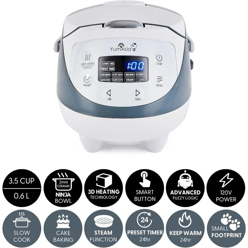 Yum Asia Mini Rice Cooker, Advanced Fuzzy Logic (3.5 cup, 0.63 litre) 4 Rice Cooking Functions, Digital LED display - 120V