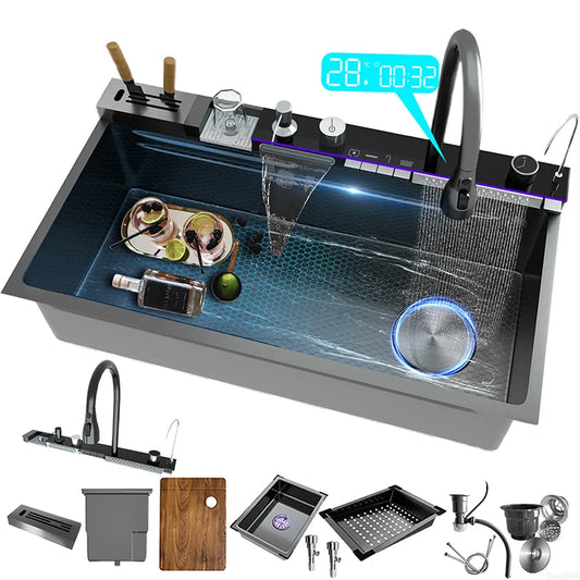 Stainless Steel Waterfall Kitchen Sink Extra Large Single Bowl Digital Display Multifunctional Dishwashing sinks