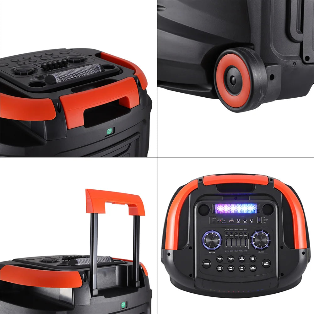 Loud Portable Bluetooth Party Speaker Quad 8” Woofers Heavy Bass Rechargeable Sound System karaoke Speaker Led Light w/2 Mic
