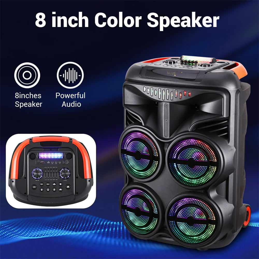 Loud Portable Bluetooth Party Speaker Quad 8” Woofers Heavy Bass Rechargeable Sound System karaoke Speaker Led Light w/2 Mic