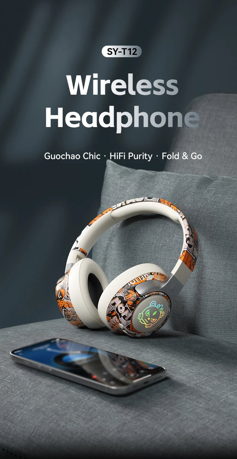 Graffiti Wireless Gaming Headphones 360° Stereo Sound, Support AUX/TF Card Mode Hi-Res Audio, Over Ear Foldable Lightweight