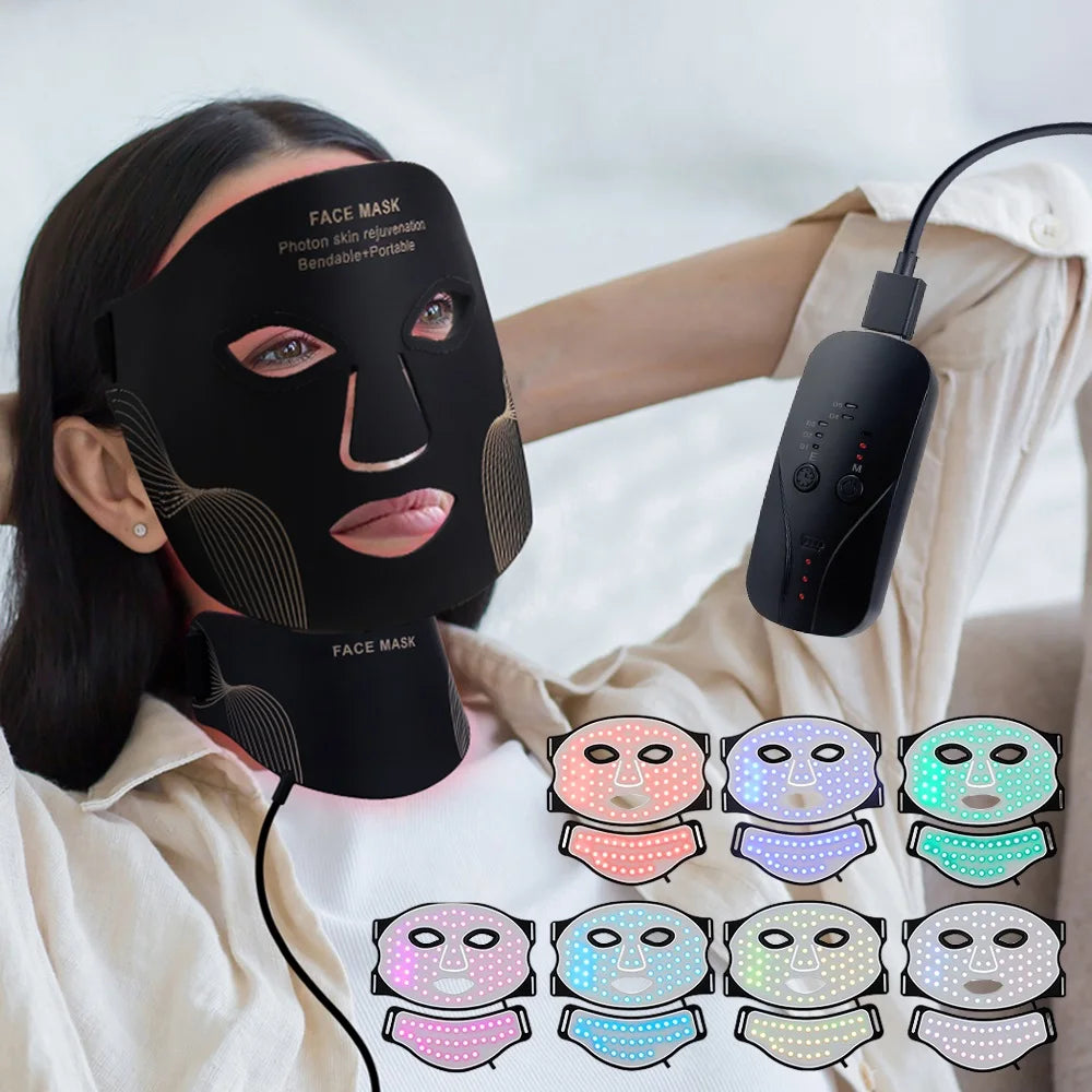 Face Neck Silicone LED Mask 7 Colors LED Light Photon Red Light Therapy Flexible Soft Mask Skin Tighten Repair Skin Facial Mask