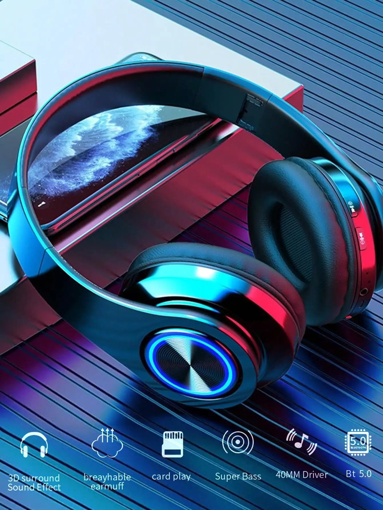 RGB Light Up Over Ear Gaming Headphones, Wireless Bluetooth Headset with Mic, Foldable Lightweight Design, 3.5mm Wired Jack, Telescopic Arm & Rich Deep Bass Stereo Sound