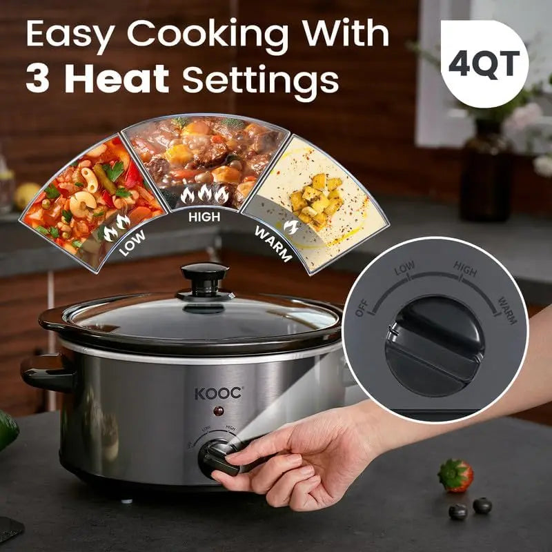 4 Quart Slow Cooker, Free Liners Included for Easy Clean-up, 3 Temperature Settings, Dishwasher Safe Crock, Stainless Steel, GRE
