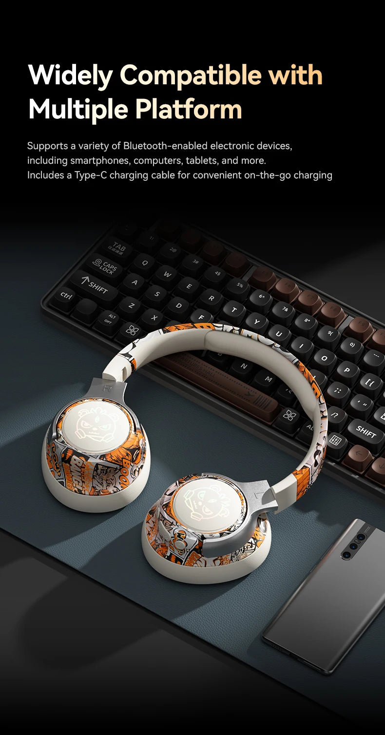 Graffiti Wireless Gaming Headphones 360° Stereo Sound, Support AUX/TF Card Mode Hi-Res Audio, Over Ear Foldable Lightweight
