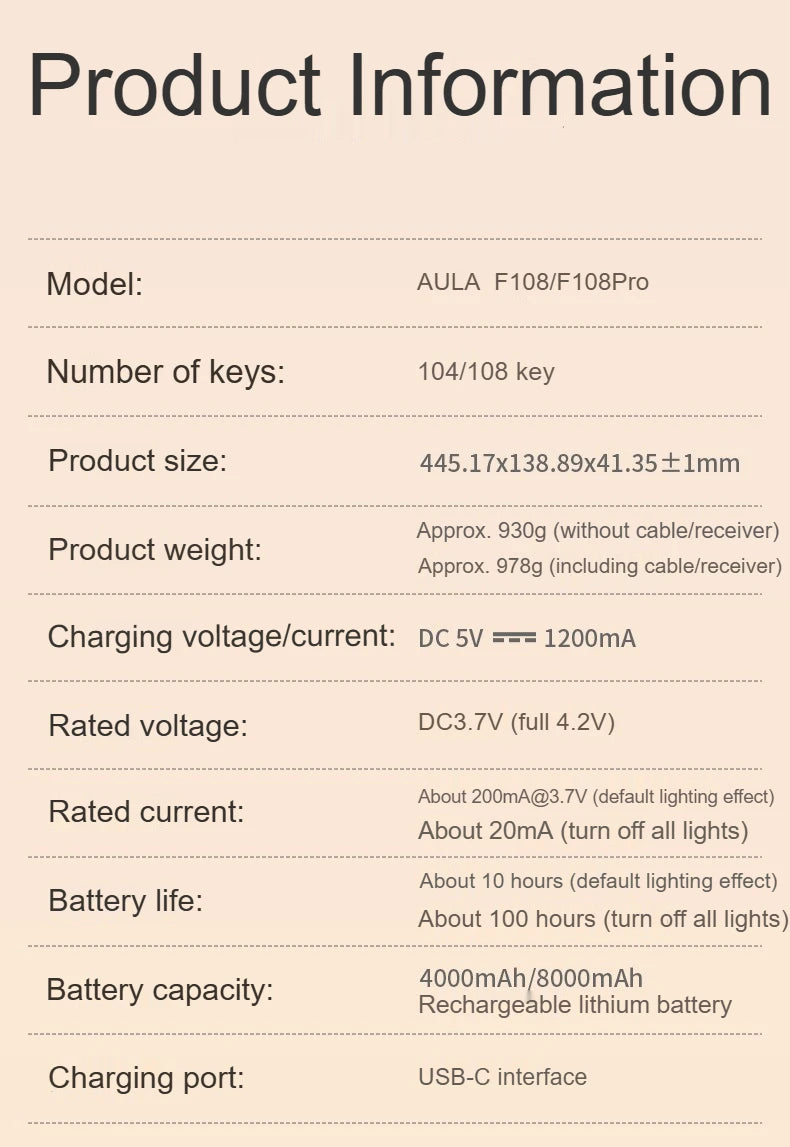 AULA F108PRO Gaming Mechanical Keyboard Full Size Custom Backlight Hot Swappable Wireless Bluetooth Hifi Switch