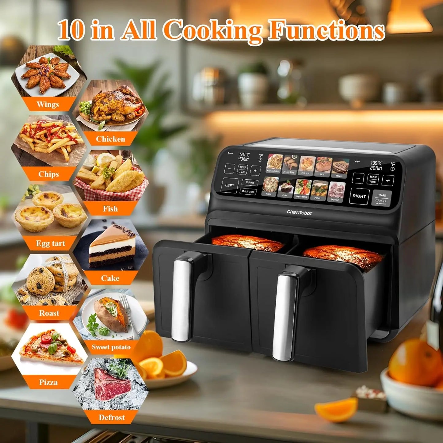 Dual Air Fryer 8 Quart TFT Touch Screen Non Toxic for Family Size/Kitchen/RV