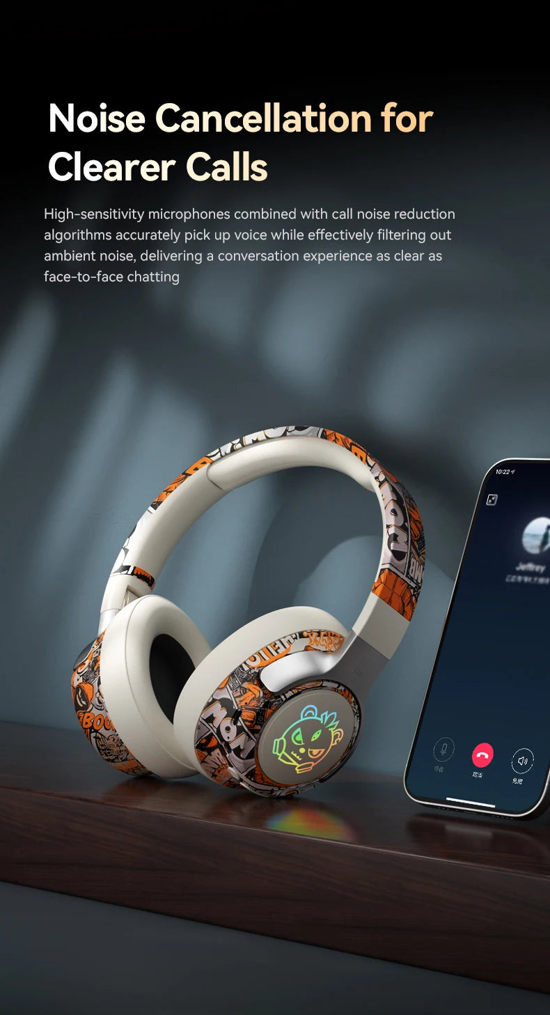 Graffiti Wireless Gaming Headphones 360° Stereo Sound, Support AUX/TF Card Mode Hi-Res Audio, Over Ear Foldable Lightweight