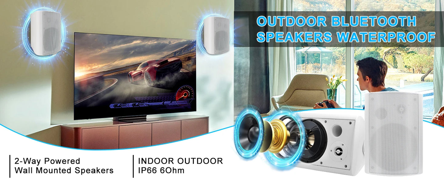 Herdio 2PCS 5.25‘’ 300 Watts Passive Wired Indoor Outdoor Patio Deck Speakers All Weather Wall Mount System For Patio Garden