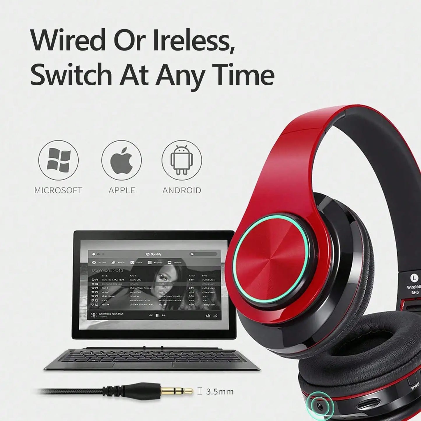 Bluetooth 5.3 Over-Ear Headphones, Active Noise Reduction, Subwoofer Bass, LED Light Design, Foldable Portable Wireless Headset for Gaming, Music, Sports, Phones & Computers