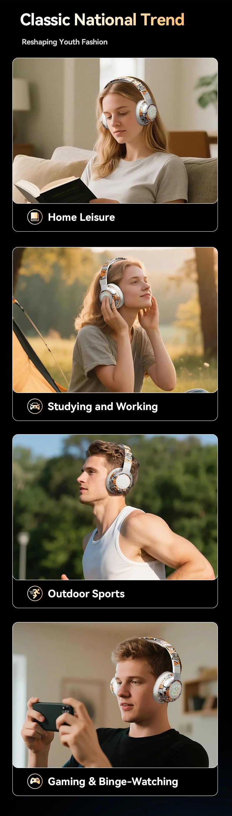 Graffiti Wireless Gaming Headphones 360° Stereo Sound, Support AUX/TF Card Mode Hi-Res Audio, Over Ear Foldable Lightweight
