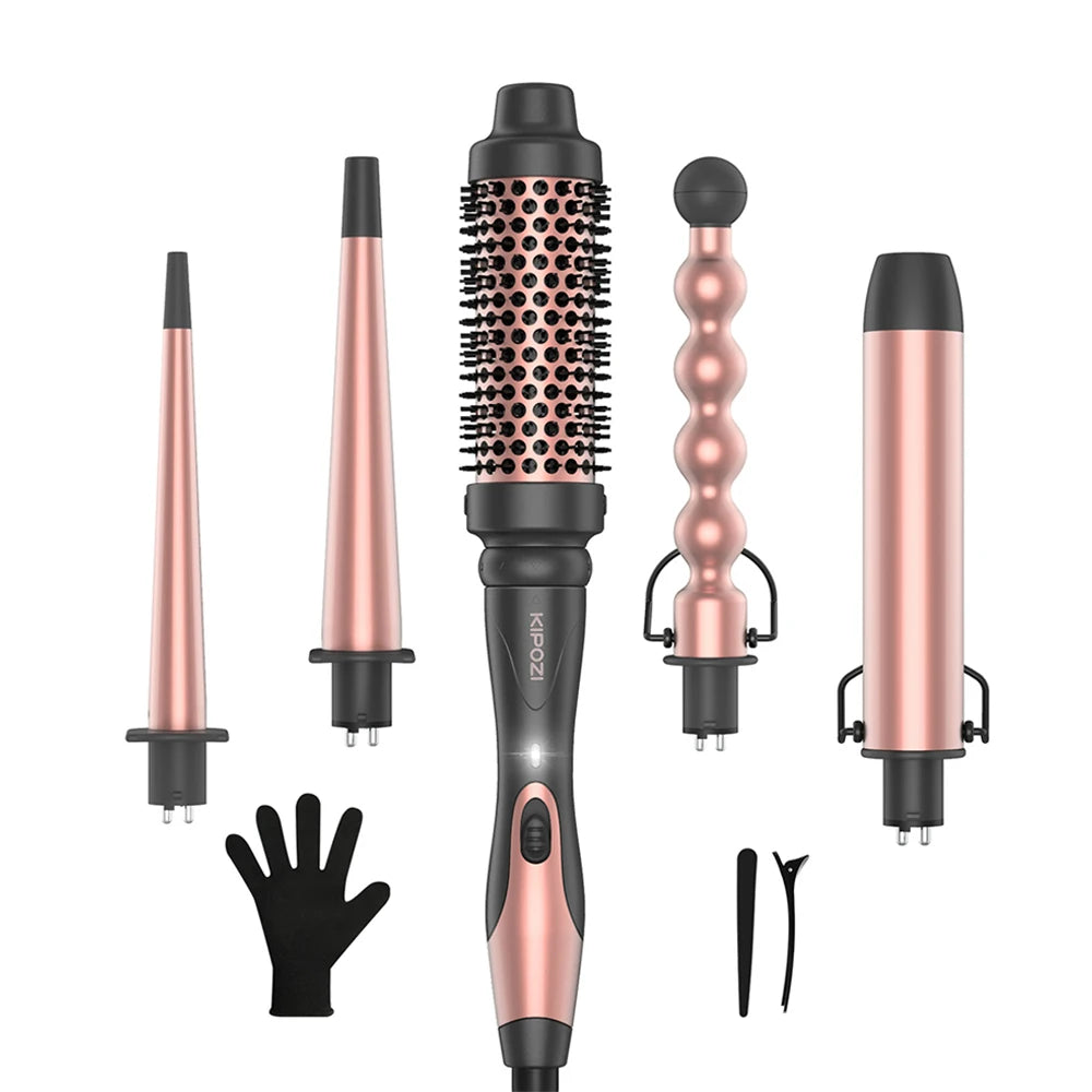 KIPOZI Electric Hair Curler 5 in 1 Replaceable Curling Wand Set Long Curling Tong Wand Ptc Professional Hair Curling Iron