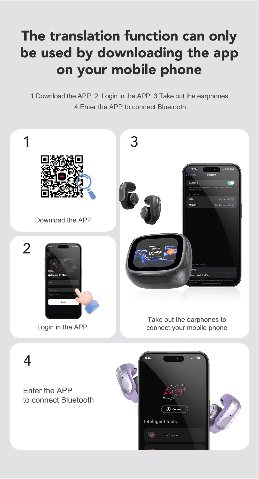 ERAZER XF28 Ear Clips AI Translator Earphones Bluetooth V6.0 Comfortable Stable Sports Wireless Headphones with LCD Display