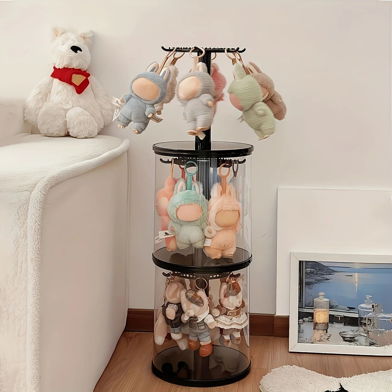 360 ° LABUBU Black Rotating Display Cabinet with Dome Cover and Dustproof Base - Cylindrical Collectibles Storage Box