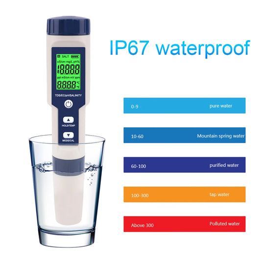 5 in 1 Water Tester Monitor Digital TDS/EC/PH/Salinity/Temperature Meter Portable Pen Water Quality Detector for Pools Aquariums