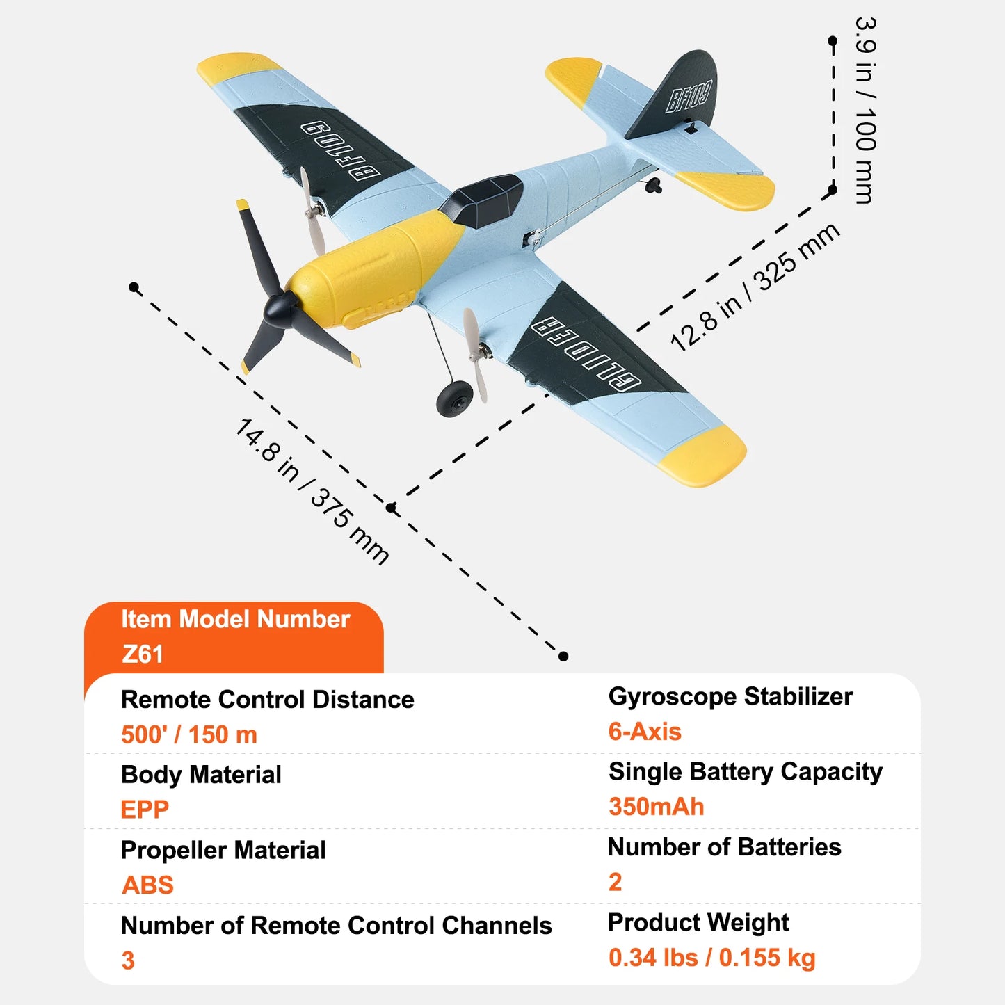 SucceBuy Z61 RC Plane BF109 Fighter 2.4G 3CH Smart Balance EPP Gliders with 2 Battery Fixed Wingspan RC Aircraft Children's Toys