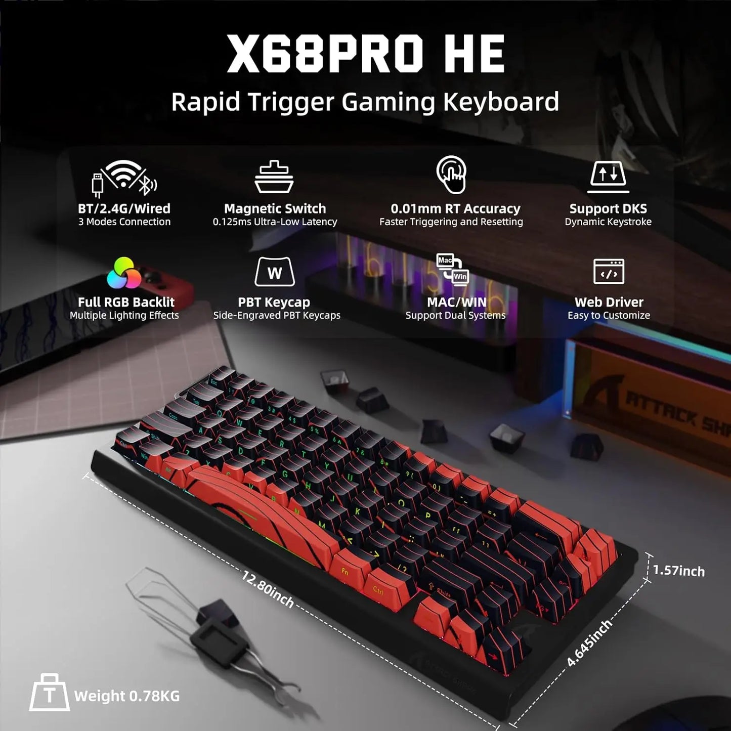 MAMBASNAKE x ATTACK SHARK X68 PRO HE Wireless Rapid Trigger Gaming Keyboard with Adjustable Actuation,8K Polling Rate