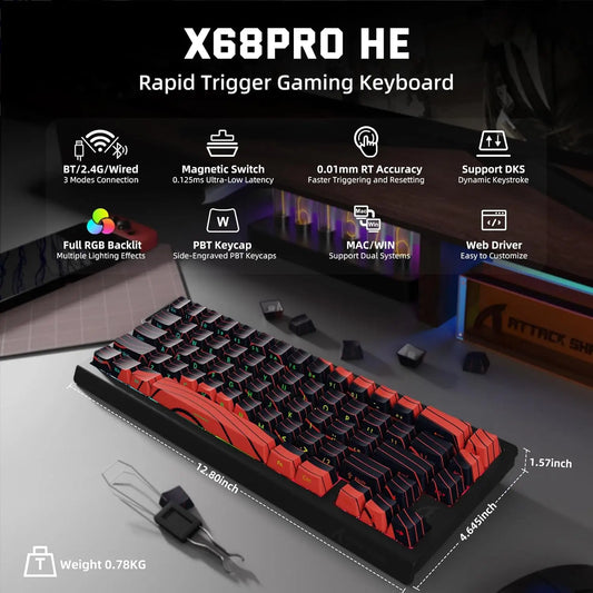 MAMBASNAKE x ATTACK SHARK X68 PRO HE Wireless Rapid Trigger Gaming Keyboard with Adjustable Actuation,8K Polling Rate