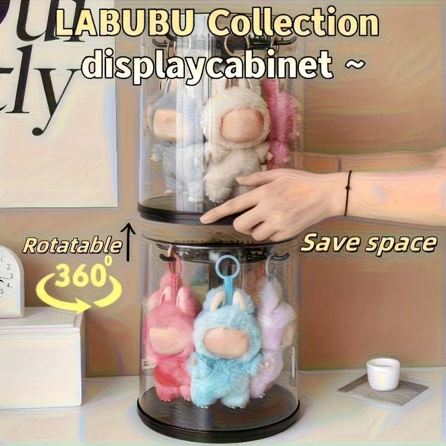 360 ° LABUBU Black Rotating Display Cabinet with Dome Cover and Dustproof Base - Cylindrical Collectibles Storage Box