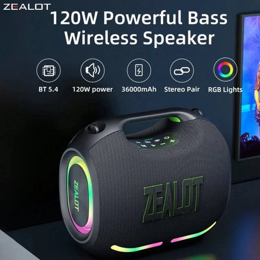 ZEALOT ZE01 120W Wireless Speaker With Carry Handle, TWS Dual Pairing, Fast Charging, 24000mAh Power bank, EQ Mode, RGB Light.