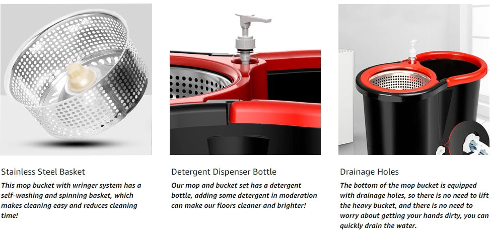 360° Spin Mop Bucket Sets with Wring System in 3 Microfiber Heads, Stainless Steel Basket 61" Extended Handle Floor Cleaning