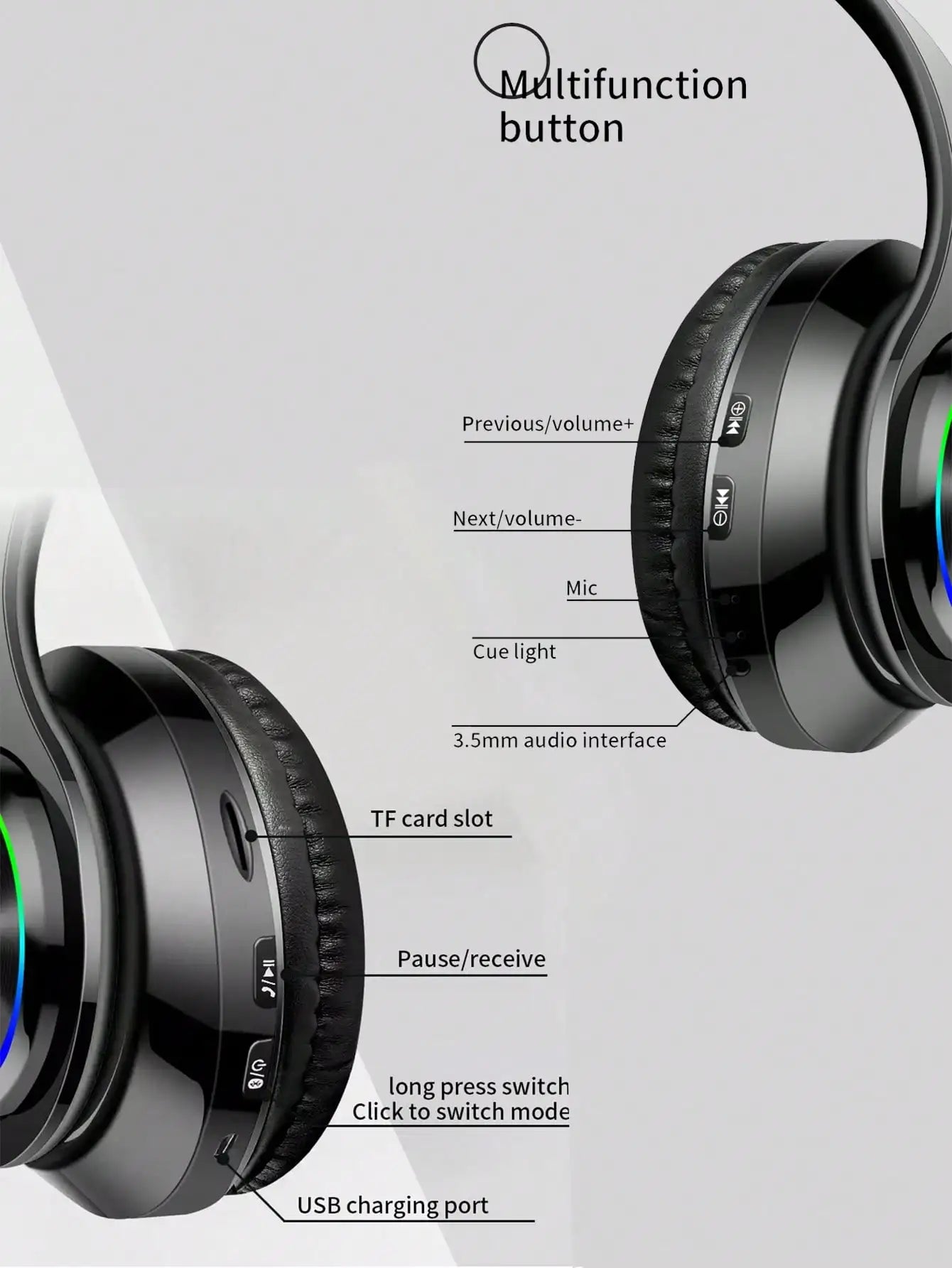 RGB Light Up Over Ear Gaming Headphones, Wireless Bluetooth Headset with Mic, Foldable Lightweight Design, 3.5mm Wired Jack, Telescopic Arm & Rich Deep Bass Stereo Sound