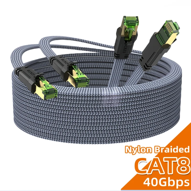 MIZIQIER 2-Pack 40Gbps Cat8 Ethernet Cable 2000Mhz Braided Falt Cable,RJ45 Connector for Router,Modem, PC, Gaming, PS5, Xbox
