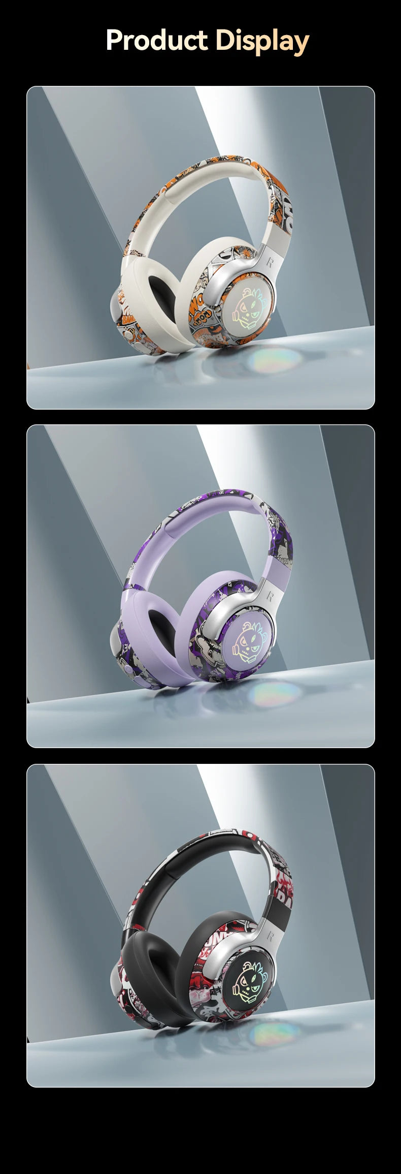 Graffiti Wireless Gaming Headphones 360° Stereo Sound, Support AUX/TF Card Mode Hi-Res Audio, Over Ear Foldable Lightweight