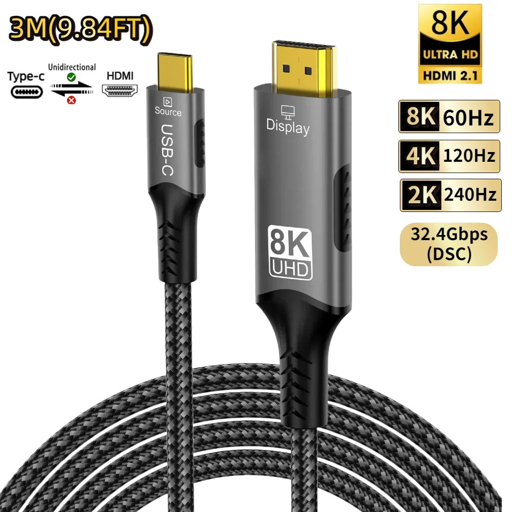 8K@60Hz USB C to HDMI Adapter  Type C to HDMI 2.1 Cable Compatible for Thunderbolt 3/4 MacBook Pro/Air, iPad, iMac