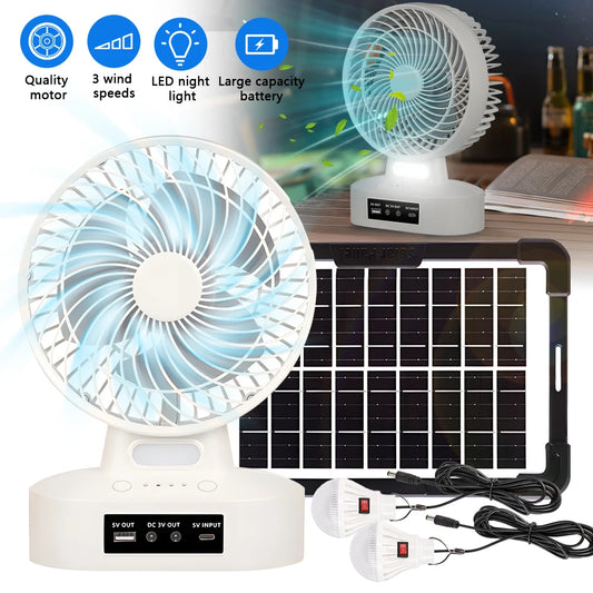 New Rechargeable Fan with 6V 3.5W Solar Panel, USB port,LED light and 2 Free Bulbs 3 Wind Speeds Outdoor Portable Camping Fan