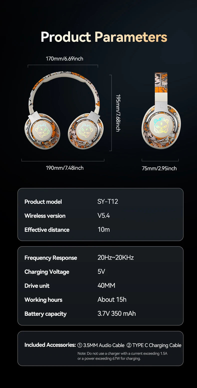 Graffiti Wireless Gaming Headphones 360° Stereo Sound, Support AUX/TF Card Mode Hi-Res Audio, Over Ear Foldable Lightweight
