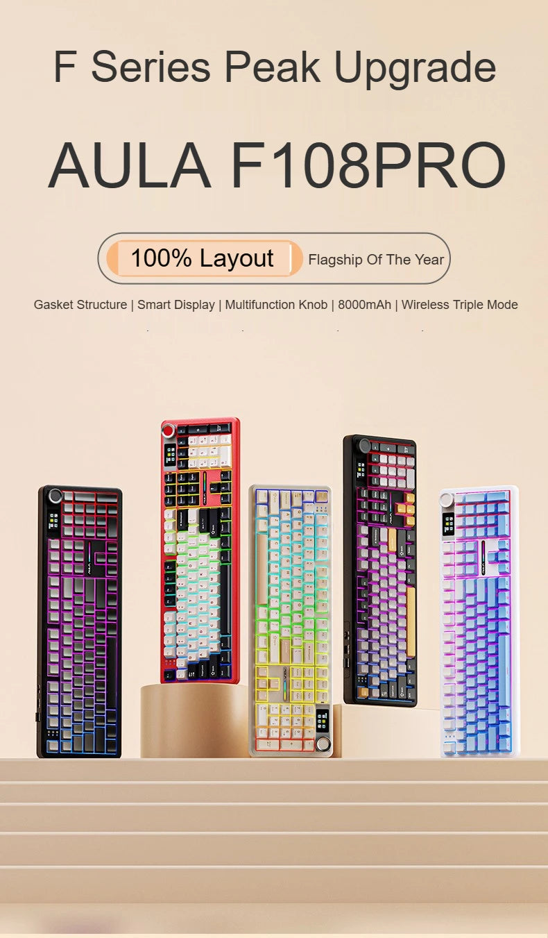 AULA F108PRO Gaming Mechanical Keyboard Full Size Custom Backlight Hot Swappable Wireless Bluetooth Hifi Switch