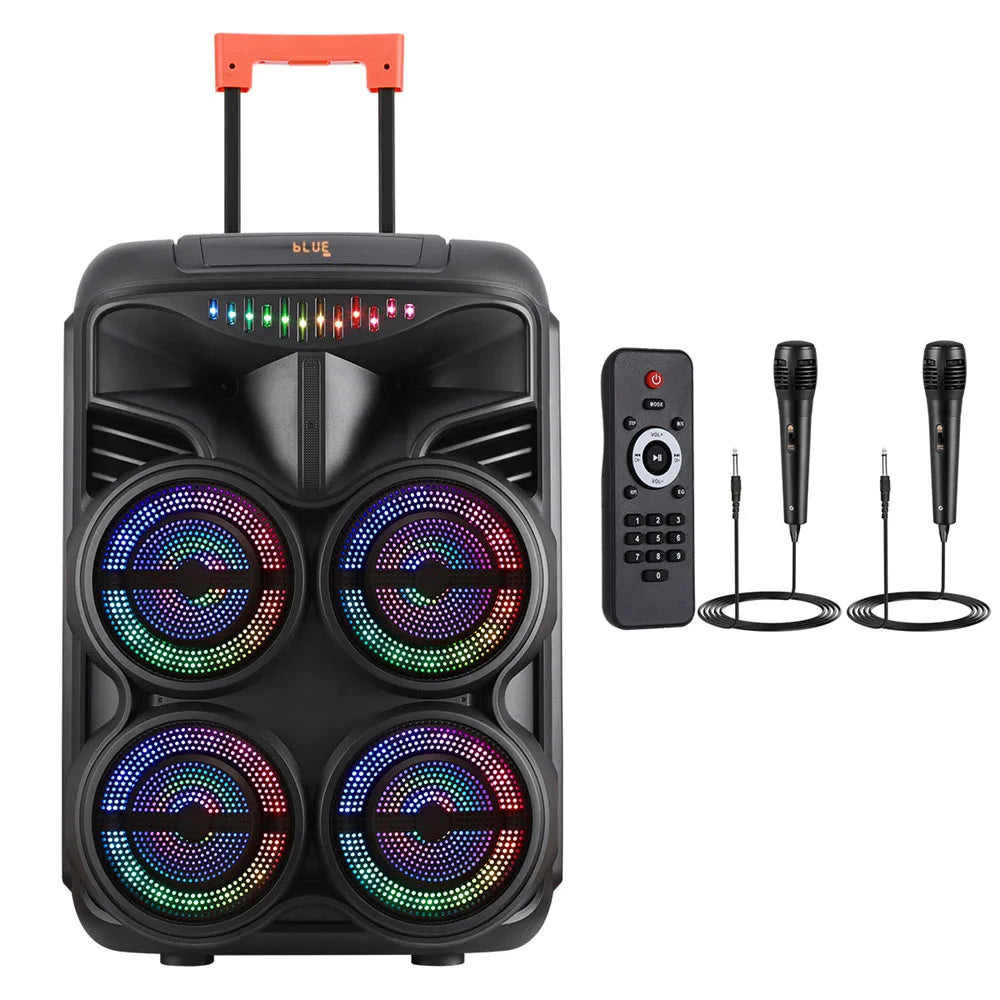 Loud Portable Bluetooth Party Speaker Quad 8” Woofers Heavy Bass Rechargeable Sound System karaoke Speaker Led Light w/2 Mic