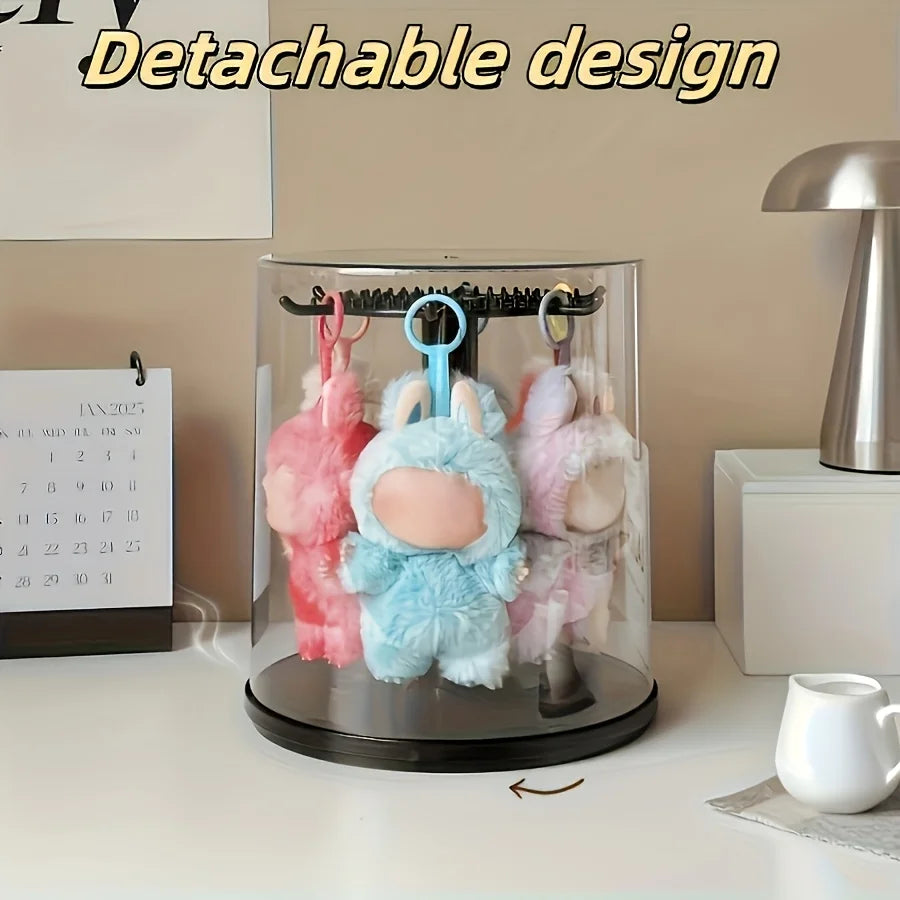 360 ° LABUBU Black Rotating Display Cabinet with Dome Cover and Dustproof Base - Cylindrical Collectibles Storage Box