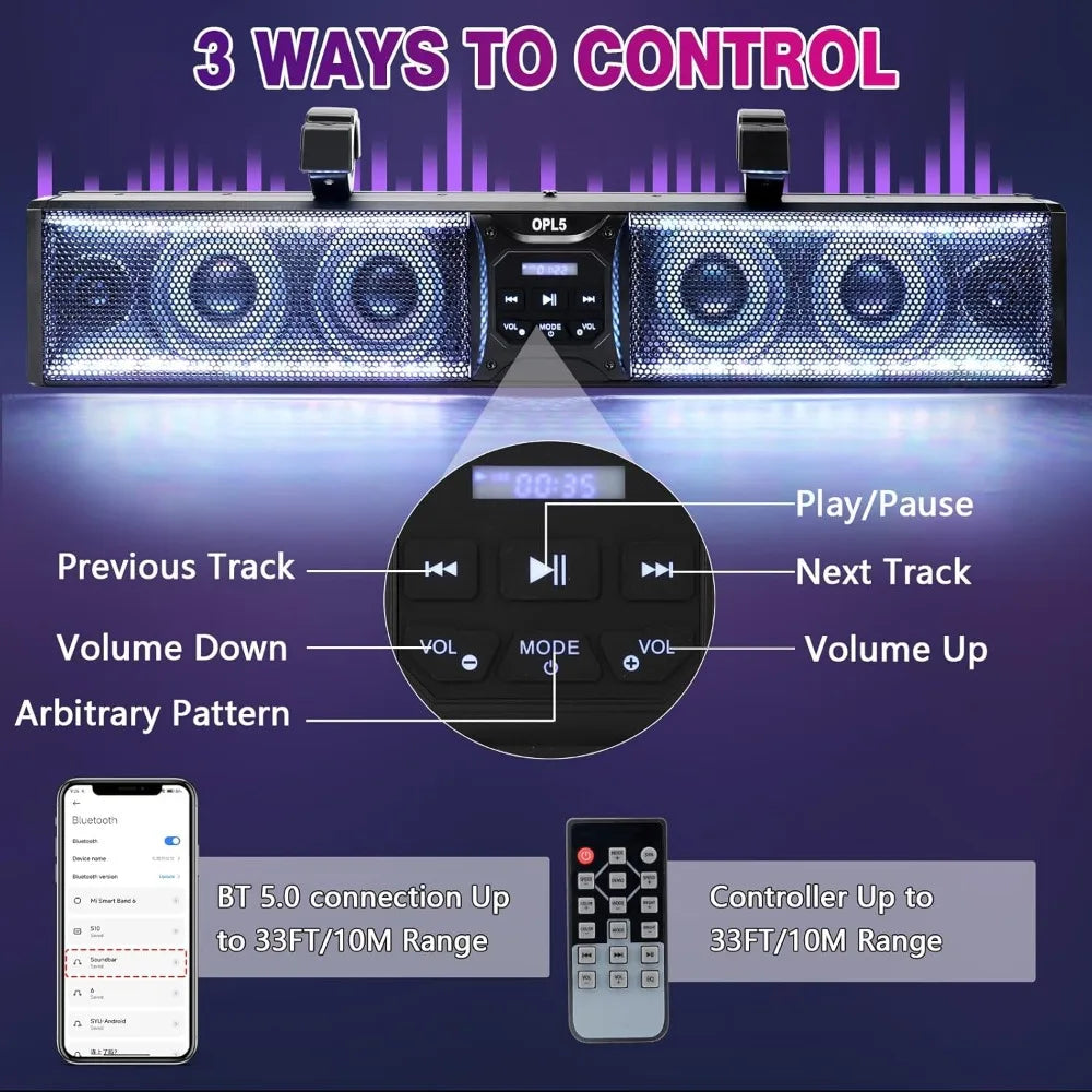 HOME.UTV Sound Bar 26 Inch, ATV Soundbar with 6-Speakers,RGB Multicolor Lights with Light Strip
