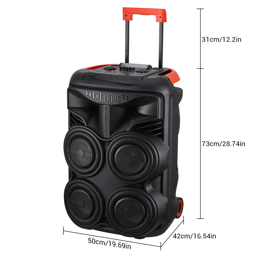Loud Portable Bluetooth Party Speaker Quad 8” Woofers Heavy Bass Rechargeable Sound System karaoke Speaker Led Light w/2 Mic