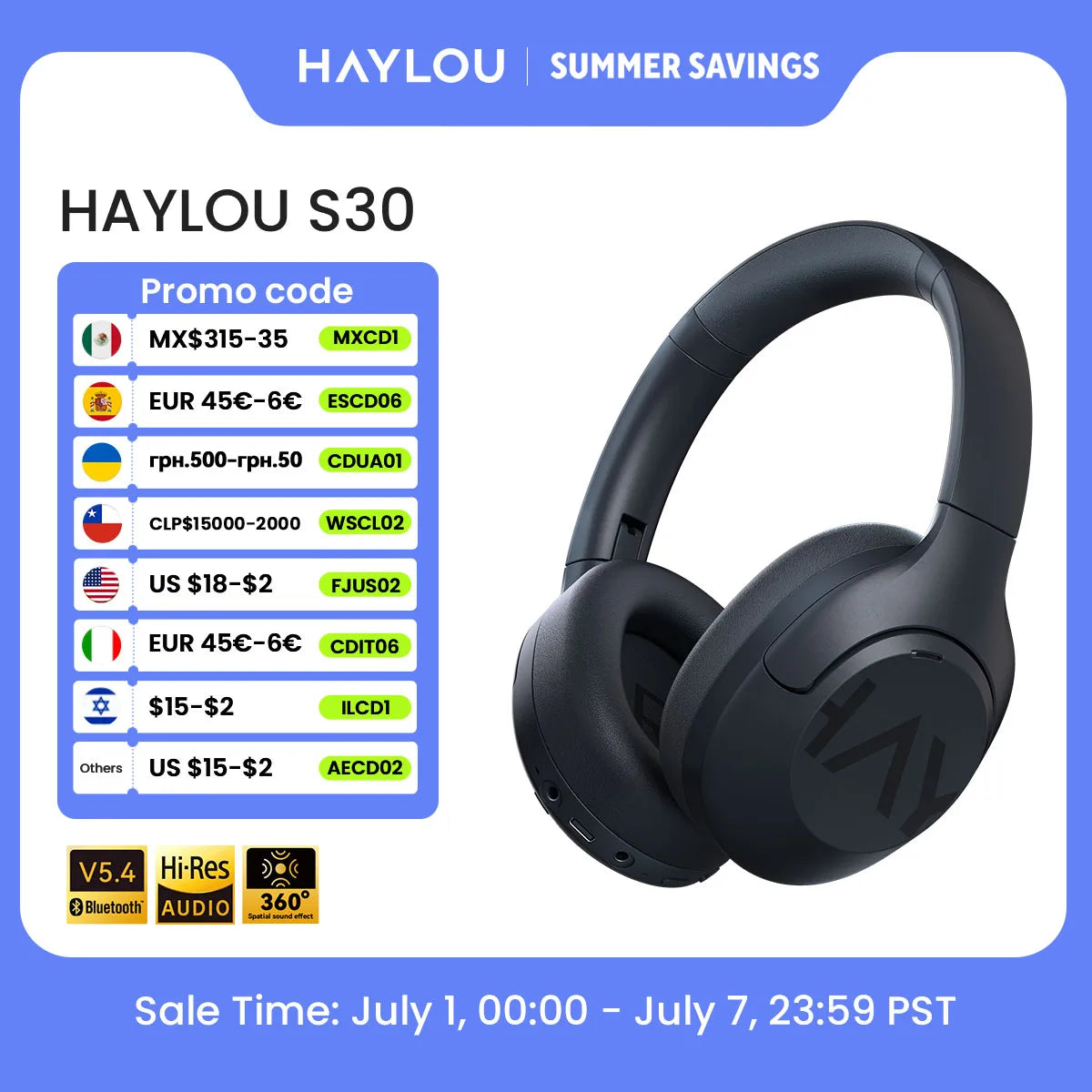 HAYLOU S30 Wireless Bluetooth 5.4 Headphones 43dB Adaptive Noise Cancelling Headsets 40mm Driver 80H Playtime Earphones