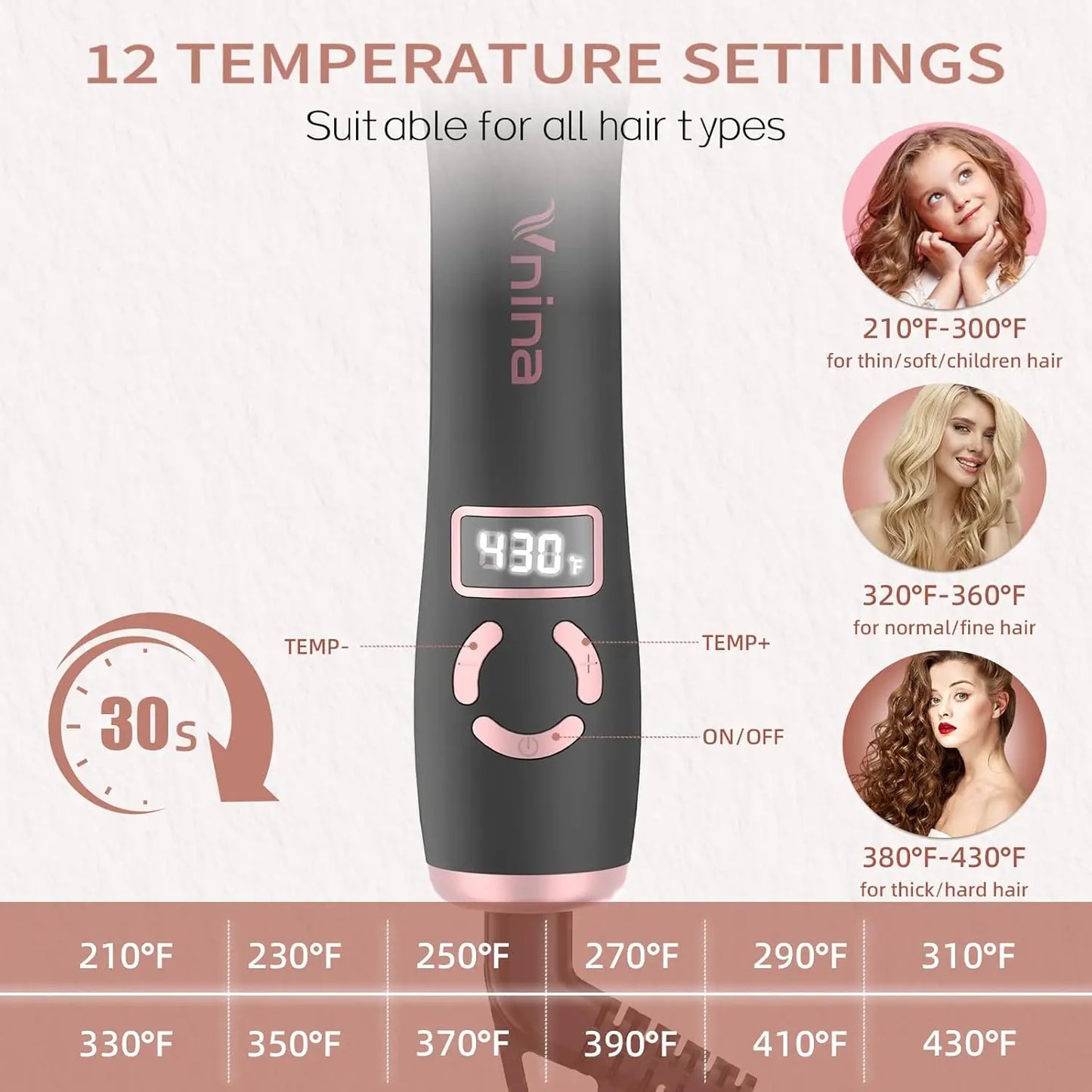 Rotating Curling Iron Automatic Curling Wand with 12 Temperature & Memory Mode Perfect for Beach Waves