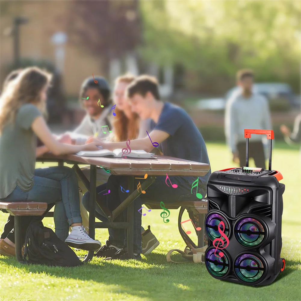 Loud Portable Bluetooth Party Speaker Quad 8” Woofers Heavy Bass Rechargeable Sound System karaoke Speaker Led Light w/2 Mic