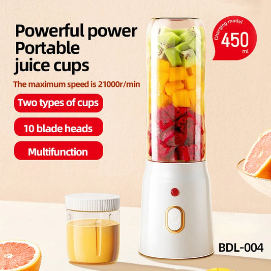 Portable electric juicer, 450ml, USB fast charging, 10 blades, dual cup design, suitable for milkshakes/juicers/smoothies