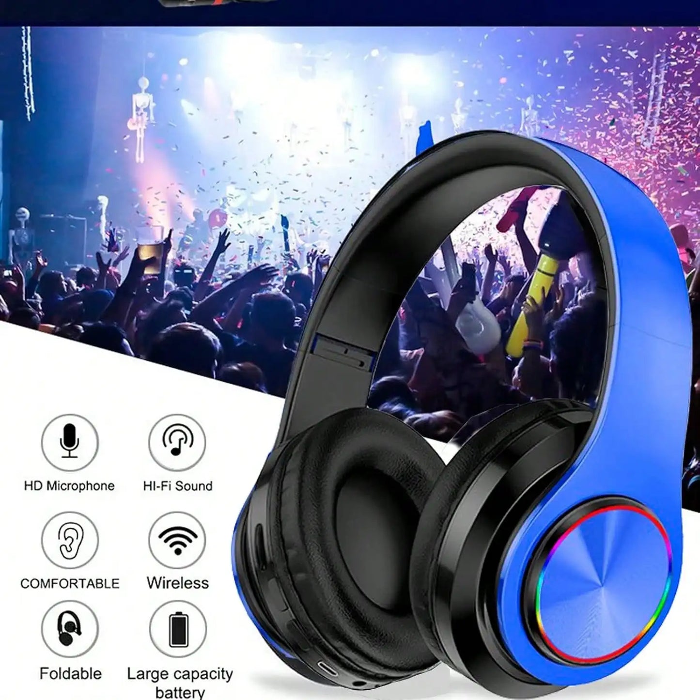 Bluetooth 5.3 Over-Ear Headphones, Active Noise Reduction, Subwoofer Bass, LED Light Design, Foldable Portable Wireless Headset for Gaming, Music, Sports, Phones & Computers