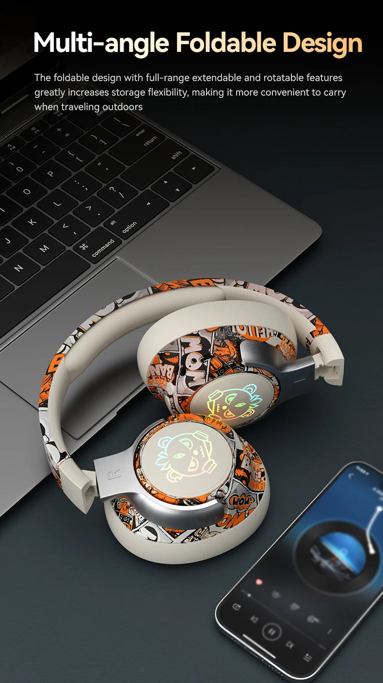 Graffiti Wireless Gaming Headphones 360° Stereo Sound, Support AUX/TF Card Mode Hi-Res Audio, Over Ear Foldable Lightweight