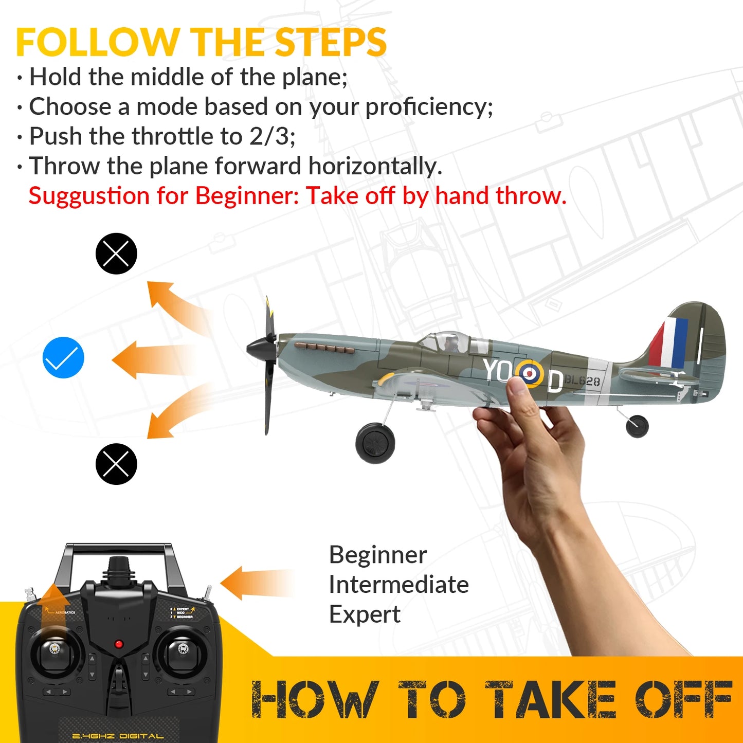 VOLANTEXRC RC Plane 4 Channel Remote Control Airplane Fighter Spitfire RTF with Aileron, Gyro, Aerobatics & 3 Modes Easy to Fly