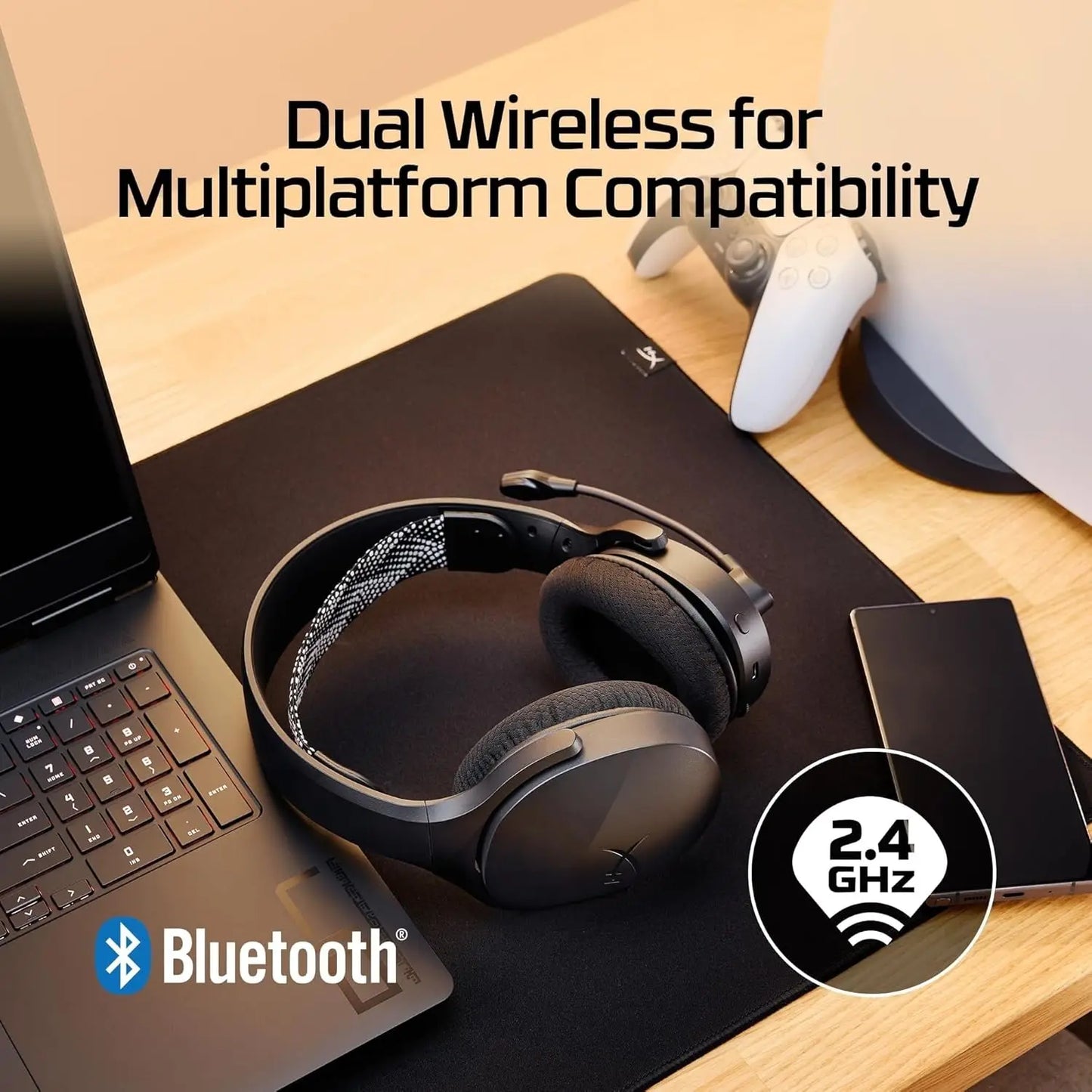 Dual Wireless Gaming Headset: 2.4GHz + Bluetooth 5.3 for PC, PS5, Mobile, USB-A – Black