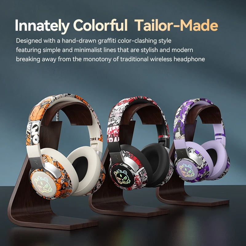 Graffiti Wireless Gaming Headphones 360° Stereo Sound, Support AUX/TF Card Mode Hi-Res Audio, Over Ear Foldable Lightweight